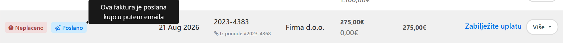 Status poslane fakture i praćenje uplate