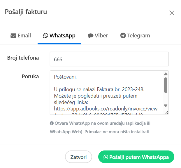 AdBooks Pošalji fakturu putem WhatsApp, Viber, Telegram i Email